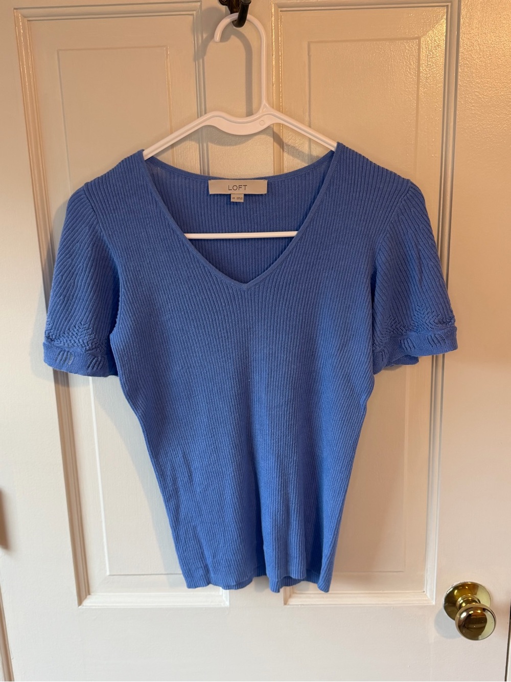 LOFT Blue Ribbed V-Neck Short Sleeve Tee